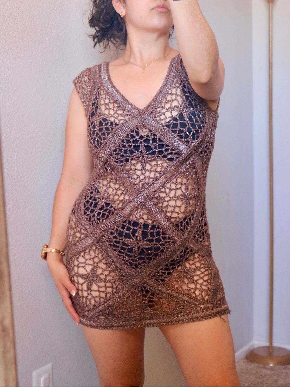 Brown shimmer crochet swimsuit cover up/ mini dress (Petite)